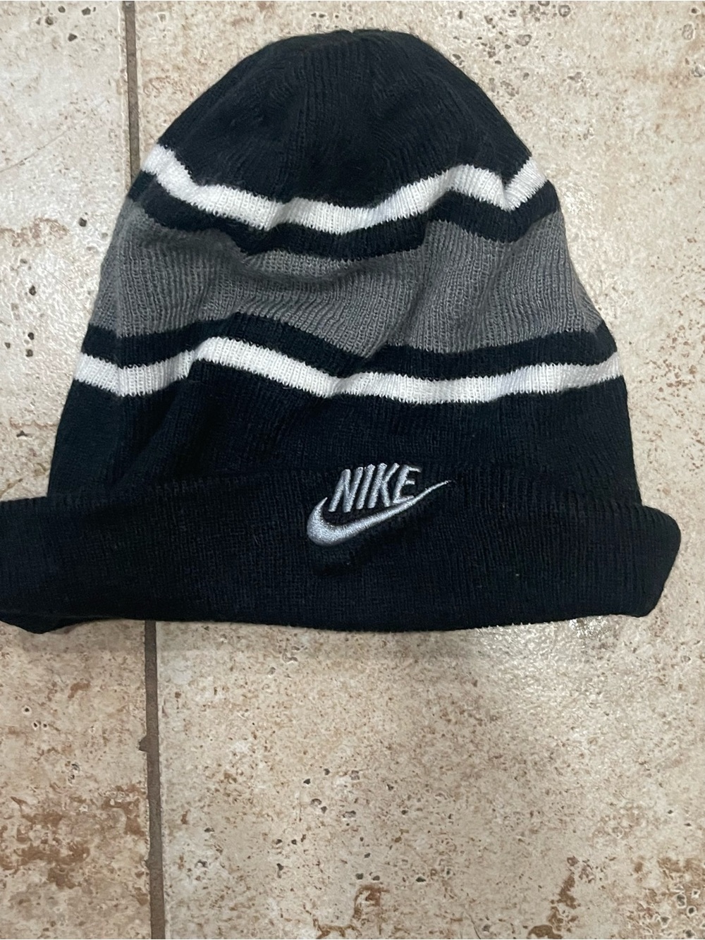 Nike Black, Gray & White Striped Knit Beanie